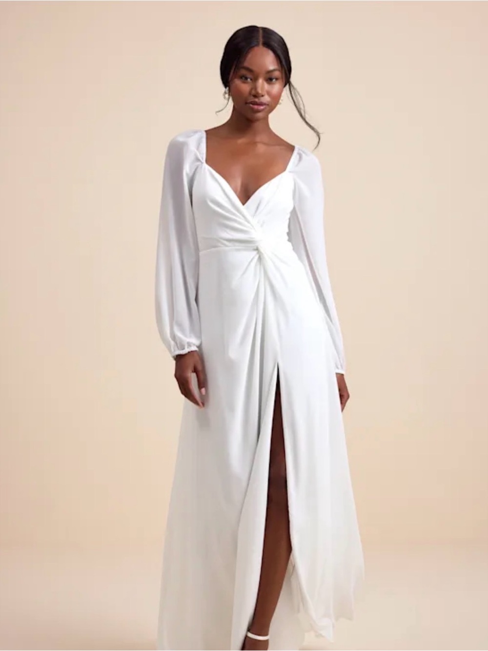 Lulu's White Twist-Front Long Sleeve Maxi Dress